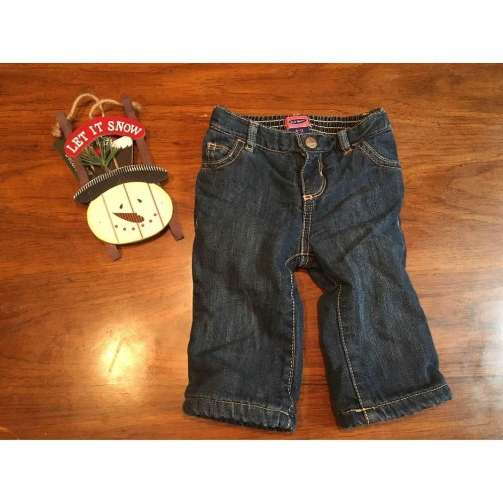 Old Navy Fleece Lined Denim Blue Jeans Winter Casual Baby Girls Size 6-12 Months